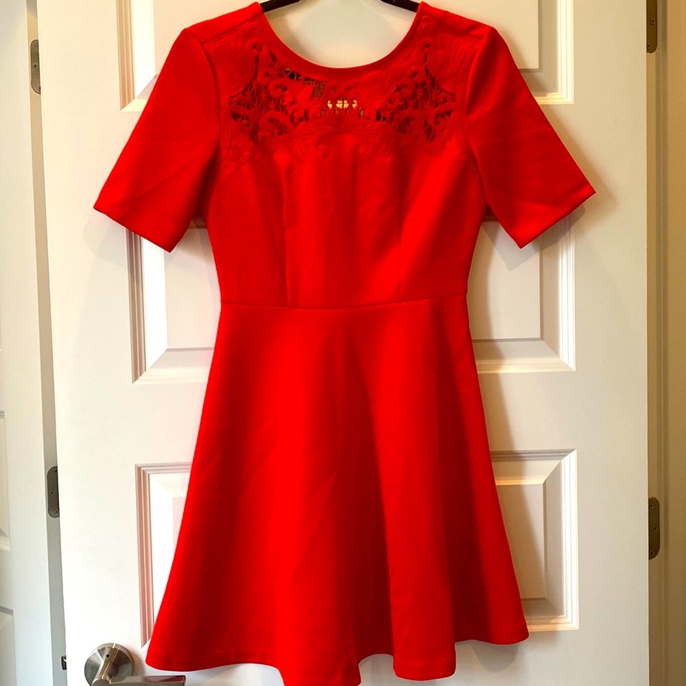 Stretchy Bright Red Fit N’ Flare Dress w Lace Neckline